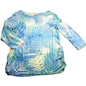 Ruby Road Top Womens M Embellished 3/4 Sleeve Teal Floral Hawaiian Cinched NWOT